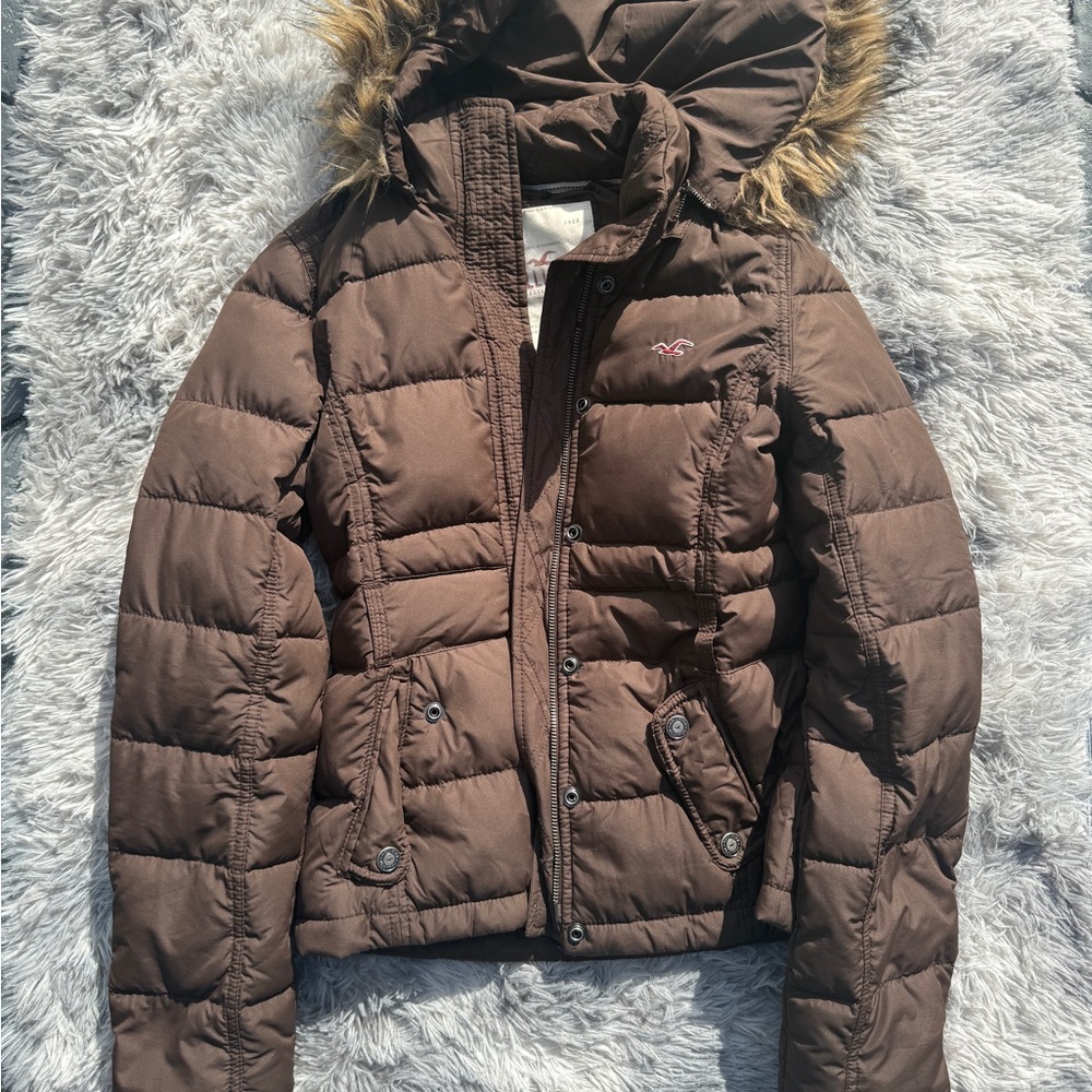 Hollister Chocolate Puffer Jacket with Fur Trim